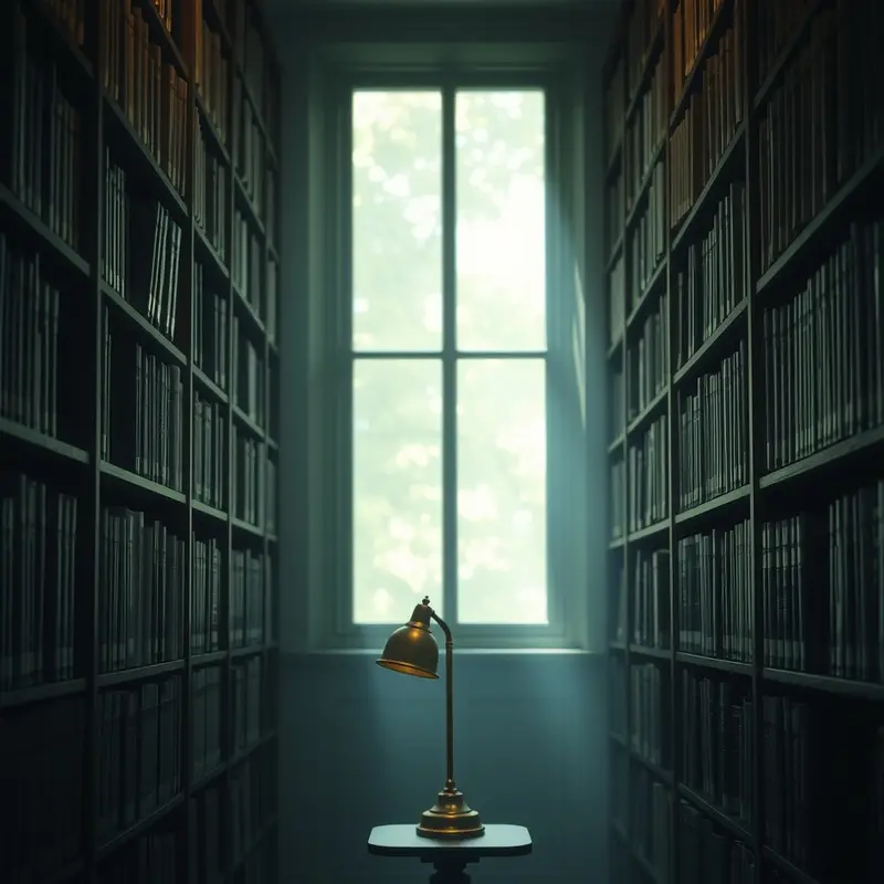 Library shelves in soft green light