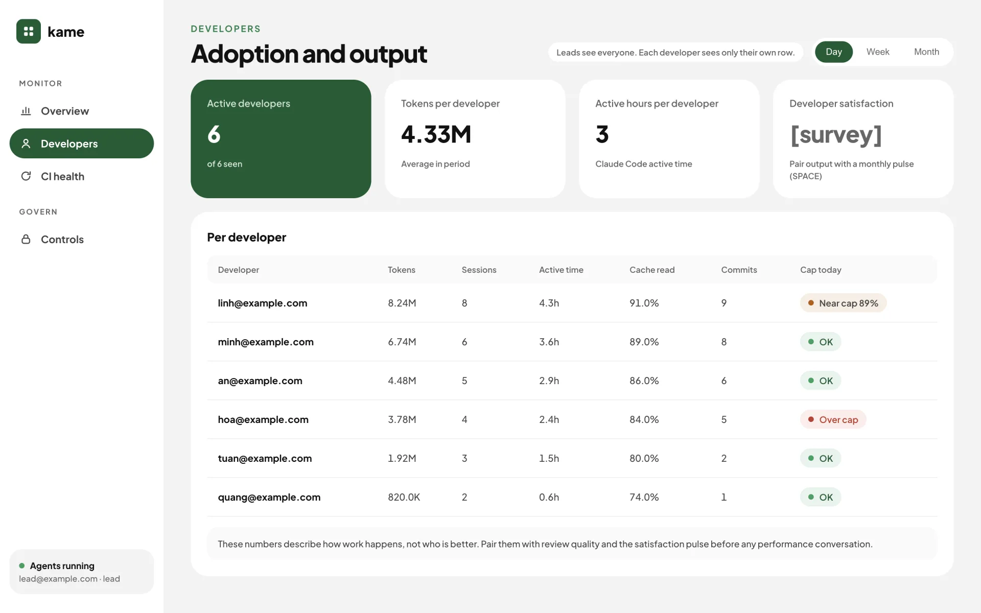 Developers screen: active developers, tokens and active hours per developer, a survey placeholder, and a per-developer table with cap status